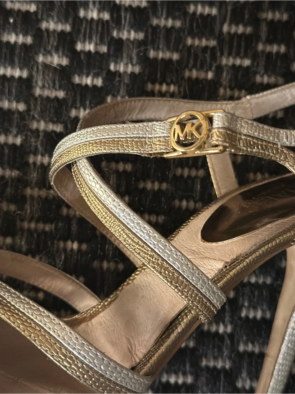 Michael Kors “Cicely” Silver & Gold Leather Strappy Platform Stiletto Heels